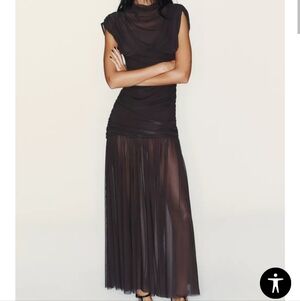New Zara Brown Combine Draped Midi Dress